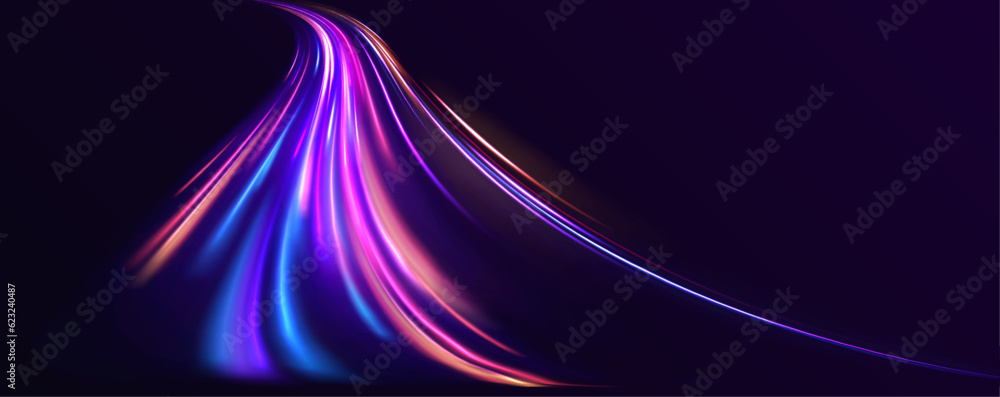 Poster vector speed of light in space on dark background. abstract background in blue, yellow and orange ne