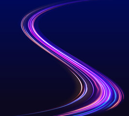 Luminous bright background. High speed effect motion blur night lights blue and red. Magic shining neon light line trails. Purple glowing wave swirl, impulse cable lines. Long time exposure. Vector	