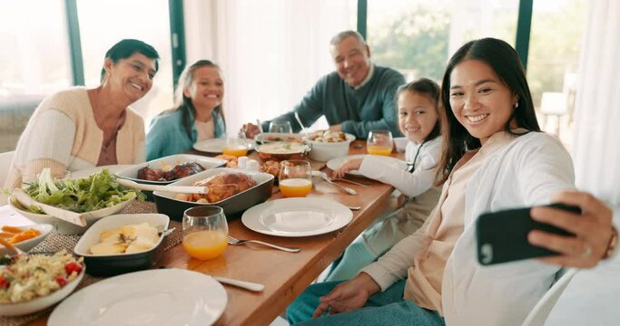 Thanksgiving selfie of kids, parents and grandparents together as a family for bonding in celebration. Love, lunch or brunch with children and relatives at the dining room table for a photograph