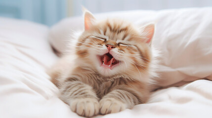 Fototapeta na wymiar Cute little kitten yawning on bed at home, closeup. selective focus.