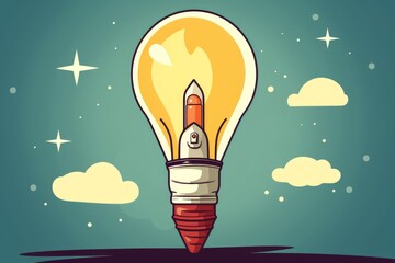 Cartoon-style Light Bulb with Rocket of Innovation. AI generated