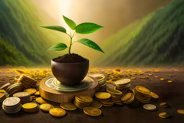 Young plant growing on top of golden dollar coins, concept of growing finance and accounting, capital investment, golden floor, warm bright sunlight, start-up, attraction of money, painting design