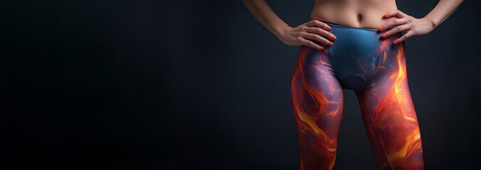 Close up on the hips of a young woman in leggins. Sport, fitness and yoga theme background with copy space.