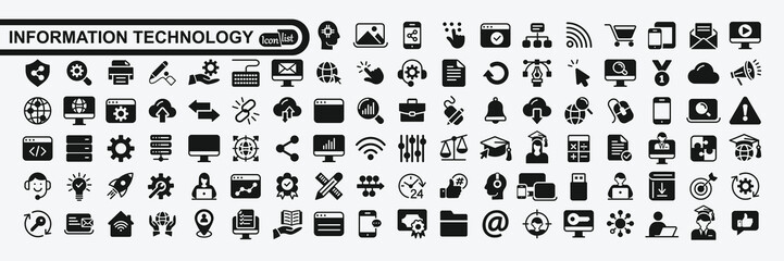 Information technology  icon set with IT network system, global internet, data center, communication, web site, social media,  business, e-commerce, support, computer and mobile device sign