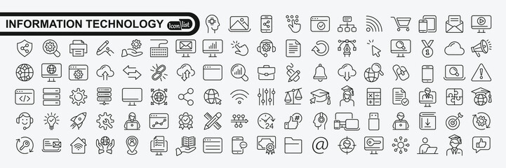Information technology thin line icons set. Information Technology  icon collection. Programming, Network, Website, Process, Internet, Data, Technology symbol.