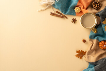 Dive into autumnal bliss: top view showcasing coffee cup, cozy plaid, delicate pumpkins, golden maple leaf, pine cone, cinnamon, anise on pastel beige backdrop. Perfect canvas for your text or ads