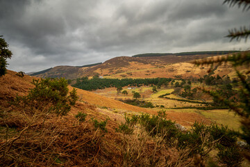 Idyllic panoramic view, County Wicklow, Ireland. Mountains, close to Guinness lake and tourists walking paths. Typical Irish cottage. i background. Selective focus. Dramatic sky..