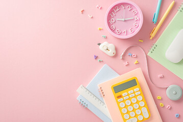 It's time to hit the books! Top-down view of stationery, pens, diary, calculator, clock, ruler, letters and more on pastel pink background. Utilize open space for educational text or advertisements