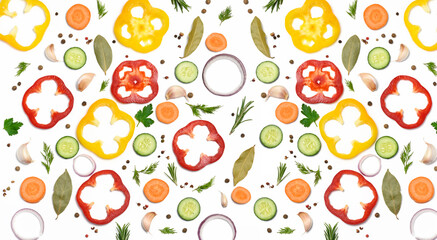 Fresh vegetables, onion, carrot, yellow and red bell peppers, a bunch of rosemary