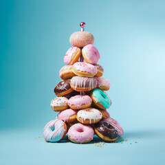 Minimal composition with a large pile of colorful tasty donuts forming the shape of a Christmas tree on pastel background. Generative AI.