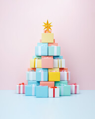 A large pile of colorful gift boxes forming the shape of a Christmas tree. A whimsical holiday setting that makes a playful alternative to traditional Christmas decor. Generative AI.