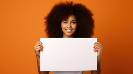 Happy African American woman holding a white poster in her hands. Generative AI