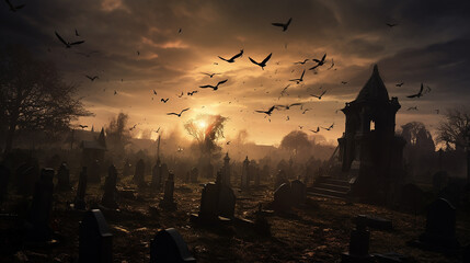 P&aacute;ssaros voando sobre l&aacute;pides de cemit&eacute;rios