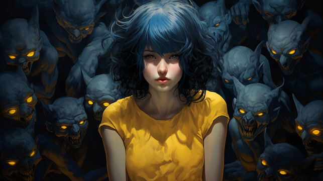 Girl in a yellow shirt and blue hair surrounded by demons. Generative AI