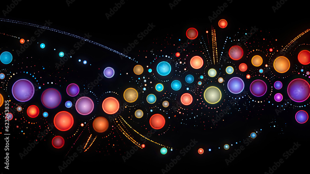 Poster abstract background with multicolored circles and lines on a black background generative ai
