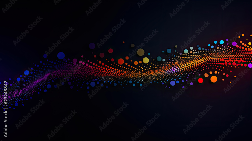 Poster abstract background with multicolored circles and lines on a black background generative ai