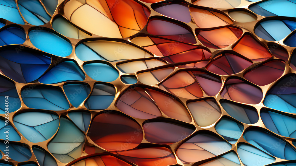 Poster flat silky smooth surfaces, fractal voronoi golden pattern embedded in ceramic, rainbow tint, subsur