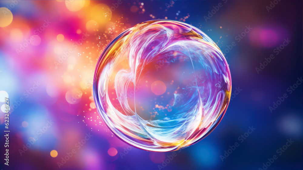 Poster iridescent soap bubble on multicolored background generative ai