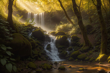 Path to Serenity: Enchanting Forest Drenched in Golden Sunlight, Guiding You to a Hidden Waterfall, Expertly Captured in Magical Nature Photography, Unveiling the Beauty of Exploration and Discovering