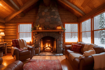 Fireside Bliss: Cozy Fireplace in Rustic Cabin, Intimate Visuals Portraying the Art of Relaxation and Comfort, Radiating Hygge and Inviting You to Embrace the Warmth of Homey Ambiance