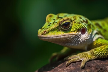 Gecko portrait close up with green background, gecko in wild