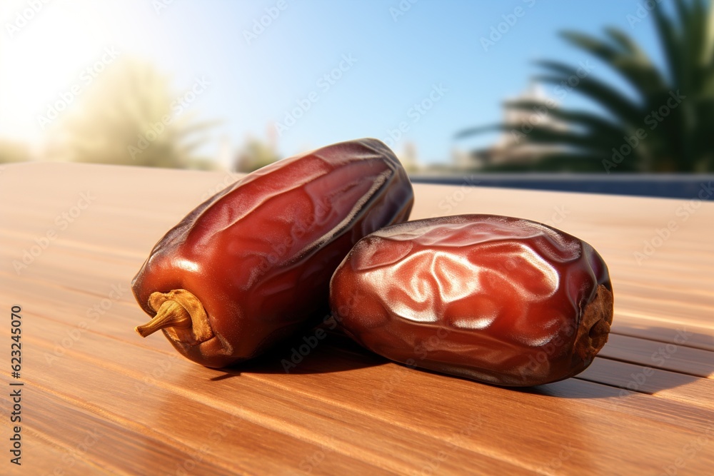 Poster pile of dates on table.