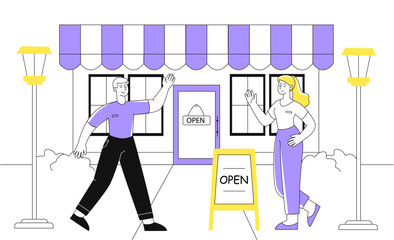 Woman open shop or store line concept