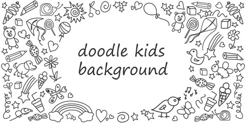 Kids doodle background. Template with children's black drawings. Horizontal frame. Outline drawn cartoon elements