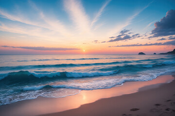 Captivating Sunset Serenity: Tranquil Beachscape Embracing Vibrant Colors, Skillfully Composed for a Mesmerizing HDR Visual Feast, Celebrating Nature's Serene Beauty