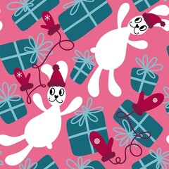 Cartoon animals rabbit seamless Christmas bunnies pattern for wrapping paper and fabrics and accessories