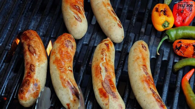 Cooking juicy bratwurst sausages on the barbecue grill.Turn over. Close up. Slow motion