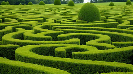 evergreen hedge maze, nobody, created with Generative AI Technology.