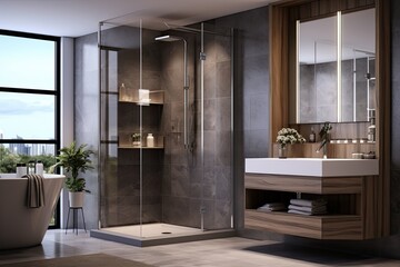 Luxury bathroom with sleek shower cabin, exquisitely designed, boasting modern elegance and comfort. Immerse yourself in a world of indulgence and relaxation. - obrazy, fototapety, plakaty