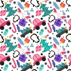 Cartoon Christmas animals seamless penguin and candy and gift box pattern for wrapping paper and fabrics