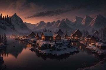 Nordic Twilight: Enchanted Viking Village Bathed in Illumination, as the Sun Sets (or Rises) on the Horizon