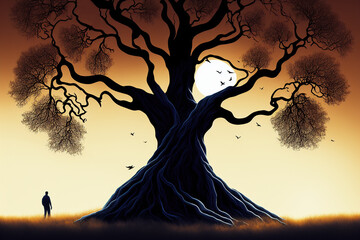 Eternal Reverie: Silhouette Gazing at the Majestic Giant Tree, Bathed in Sunlight with Birds in Flight