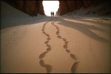 Journey into Light: A Couple's Path through Illuminated Gateway, Leaving Footsteps in the Sand