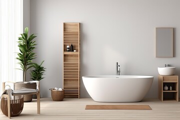 Obraz na płótnie Canvas Stylish bath tub, wood sink, mirror, accessories. Modern 3D rendering of a bathroom interior.