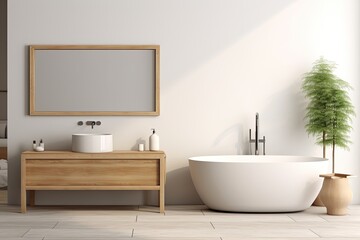 Fototapeta na wymiar Stylish bath tub, wood sink, mirror, accessories. Modern 3D rendering of a bathroom interior.