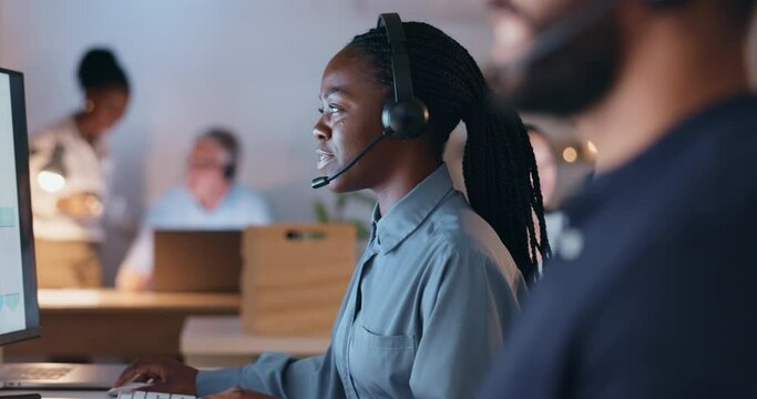Computer, help or black woman with telemarketing, call center or connection with advice, headphones or customer service. Female person, consultant or agent with headset, tech support or telecom sales