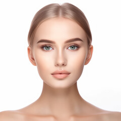 Obraz premium Portrait of young beautiful woman with clean fresh skin, natural make-up. Facial treatment, cosmetology, beauty and spa.