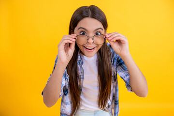 teenage girl can see with eyesight glasses. teenage girl in eyesight eyeglasses look somewhere. girl with eyesight glasses and checkered shirt. teenage girl wear eyesight glasses. she can see