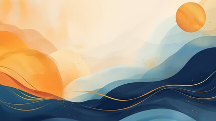 Watercolor design of waves under the sun. Abstract background concept