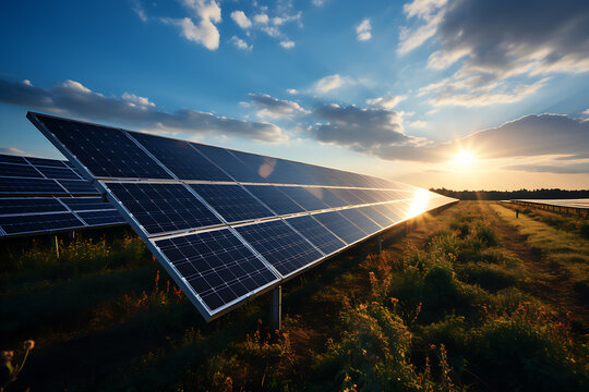 Solar cells in sunset countryside