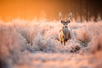 Wild deer in frosted forest at sunrise