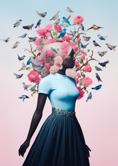 African beauty with a beautiful dress decorated with colorful flowers and exotic birds in the style of artistic illustrations. Light blue and pink background. Generative AI.