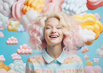 Fototapeta premium Beautiful blonde girl with a big sincere smile with a surreal background made up of various colorful shapes, hearts, clouds. Genuine happiness. Generative AI.