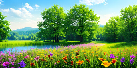 Idyllic nature summer landscape assorted colorful flowers with green foliage of trees. 3D Illustration. Fantasy Art. Digital Art
