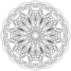 Colouring page, hand drawn, vector. Mandala 216, ethnic, swirl pattern, object isolated on white background.