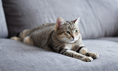 Cat on the sofa at home. Pet feline animal.